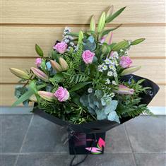 Pink Oriental Lily and Rose Hand Tied