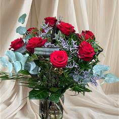 Valentines Dozen Red Roses in Glass Vase